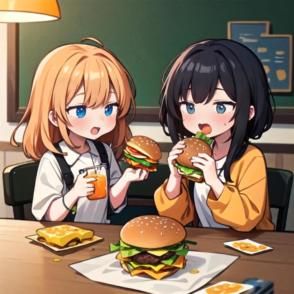汉堡包, 2个女孩, eating 汉堡包, 橙汁, 土豆片,
杰作,最好的质量,高分辨率,