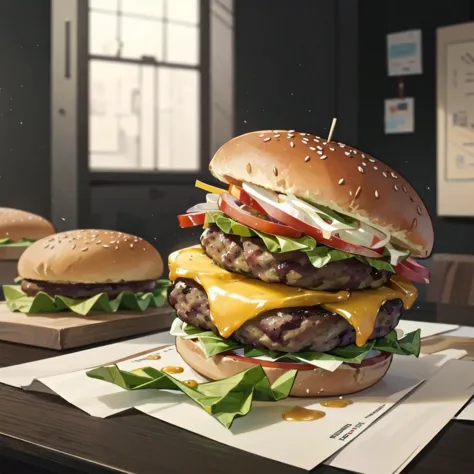 burger, on desk, 
masterpiece,best quality,highres,