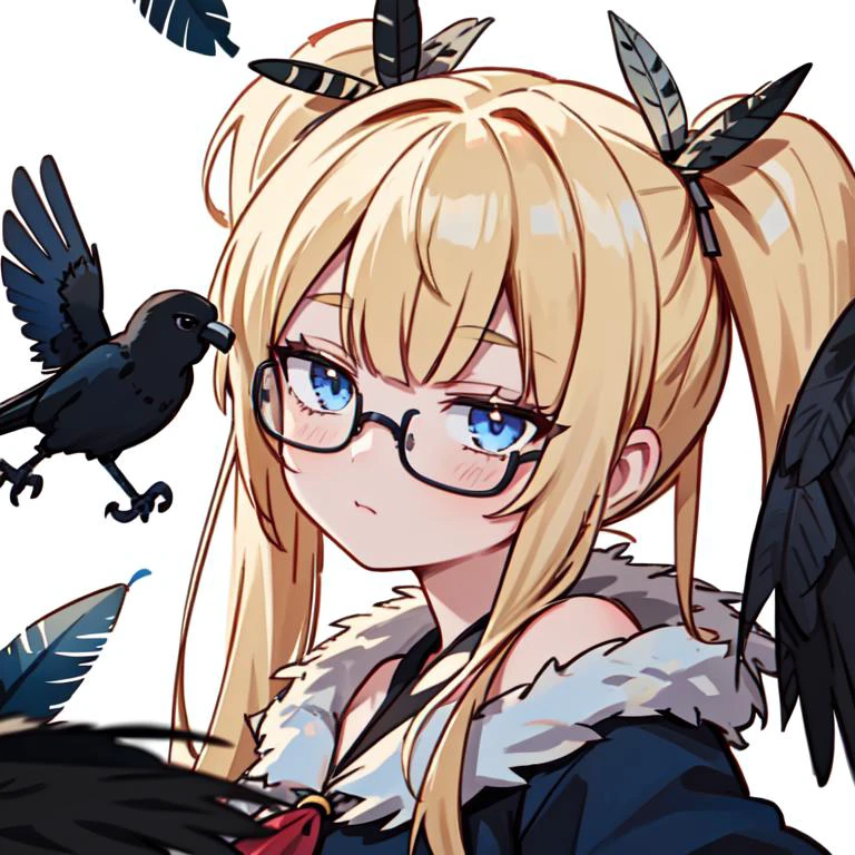 1girl, solo, cowboy shot, 
laplace, blonde hair, blue eyes, twintails,  hair ornament, blue ribbon, colored eyelashes, 
staring, closed mouth, 
glasses, black dress, off shoulder, fur coat, loose socks, 
looking at viewer, 
(crow, feathers, black feathers, falling feathers, feathers:1.3),
simple background, white background,, weird atmosphere, (best quality:1.1), (masterpiece:1.2), high quality shadow, beautiful detailed, (high detailed skin, skin details), (wide_landscape, 8k), beautiful face, detailed eyes, depth of field, dramatic light, best quality, highres, best shadow, best illumination,