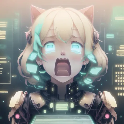 anime girl with cat ears and glowing eyes in front of a city