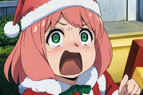 anime girl with pink hair and green eyes wearing a santa hat