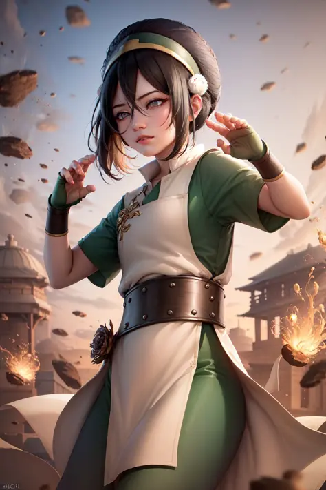 (masterpiece, best quality:1.2), <lyco:atla_tophbeifong-10:1.0>, cowboy shot, solo, 1girl, toph beifong, blind, expressionless, fighting stance, short hair, hair bun, hairband, grey eyes, chinese clothes