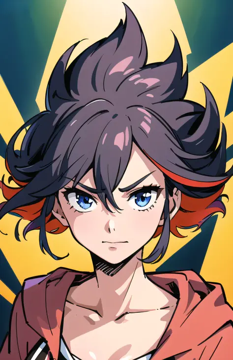 ((masterpiece)), (HDR), best quality, extremely detailed face, perfect lighting, 1girl, solo, <lora:MatoiRyuukoV3:1>, matoi ryuuko, streetwear, pink hoodie, crop top, casual, (smirk:0.7), (gust of wind:1.0), (black hair:0.4), (serious:0.6), (short hair:0.5...