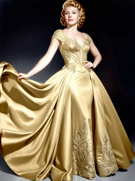 High Fashion, Photorealism portrait of  RitaHeyworthSDXL wearing an (intricate elegant:1.4)  golden gown <lora:RitaHeyworthSDXL-...