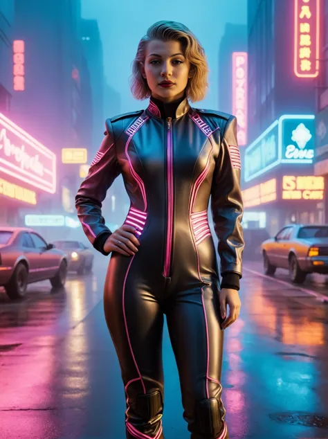 a woman in a black leather suit standing on a city street