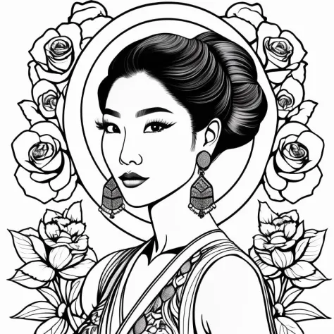 A stunning asian woman, portrait, close ,Coloring Book, ColoringBookAF,,   <lora:ColoringBook21Config4WithoutTEV2:1>