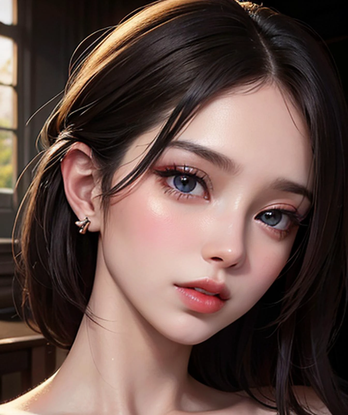 masterpiece, best quality, 8k, beautiful face, high detailed skin,hyper detailed,ultra high res, photorealistic, high resolution, ,lens flare, (tuck hair behind the ear:1.5),(same makeup for both eyes:1.5),perfect face,ralistic eyes, detailed lighting, detailed eyes,detailed skin, detailed shadows,ralistic skin,(opened mouth:1.02), (closed eyes:0.9),no make-up,,looking_at_viewer,upper body