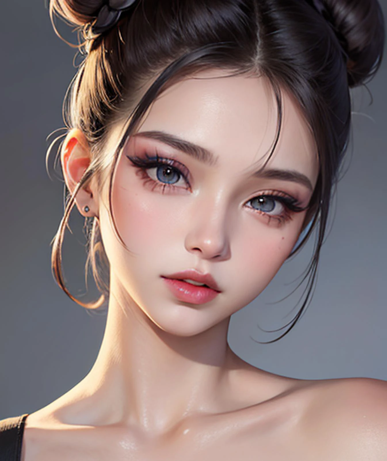 masterpiece, best quality, 8k, beautiful face, high detailed skin,hyper detailed,ultra high res, photorealistic, high resolution, ,lens flare, (Top knot bun:1.5),(same makeup for both eyes:1.5),perfect face,ralistic eyes, detailed lighting, detailed eyes,detailed skin, detailed shadows,ralistic skin,(opened mouth:1.02), (closed eyes:0.9),no make-up,,looking_at_viewer,upper body