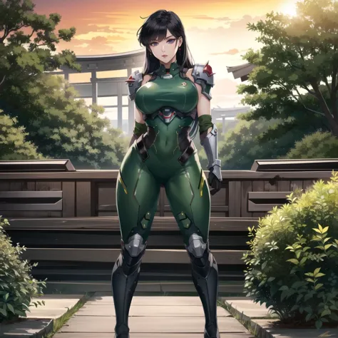 realistic, photo-realistic, award winning masterpiece with incredible details, epic stunning, masterpiece, best quality,
Sailor Mars,  purple eyes, black hair,1, black hair, bangs, long hair, red nails,  red high heels,sexy sci fi
1girl, dslayer,  a man in a green and brown armor, the only thing they fear is you, rip and tear until it is done, he is doom, the slayer's time is now, posing for a picture, (sexy_scifi, woman in a silver space costume, wearing sexy_scifi, posing for a picture:0.75)
in garden, japan temple, torii, plants, outdoors, sunset, 