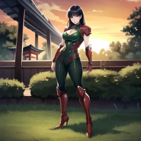 realistic, photo-realistic, award winning masterpiece with incredible details, epic stunning, masterpiece, best quality,
Sailor Mars,  purple eyes, black hair,1, black hair, bangs, long hair, red nails,  red high heels,sexy sci fi,tiara red sailor collar
1girl, dslayer,  a man in a green and brown armor, the only thing they fear is you, rip and tear until it is done, he is doom, the slayer's time is now, posing for a picture, (sexy_scifi, woman in a silver space costume, wearing sexy_scifi, posing for a picture:0.75)
in garden, japan temple, torii, plants, outdoors, sunset, 