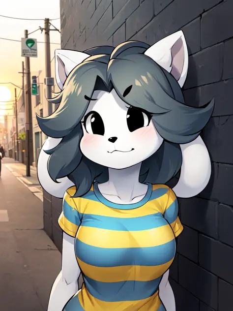 (temmie:1.2), anthro, gynomorph, (cat ears, temmie ears:1.1), (blue and yellow (striped shirt:1.3)), (face focus:1.2, upper body...