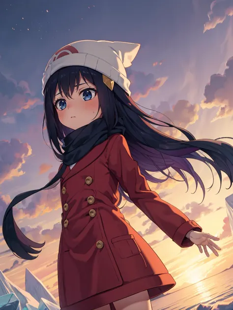 anime girl in red coat standing on the beach with her arms out