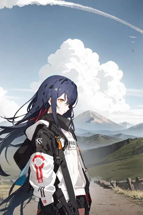 outdoor,cloud,mountain, horizon,  <lora:TechNeco1.2:0.8:OUTALL>,1girl,solo,black hair,long hair,