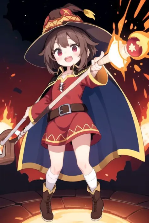 casting magic, magic, staff, holding staff, explosion, full body, hat, holding, open mouth, standing, boots, cape, megumin, megumindef,