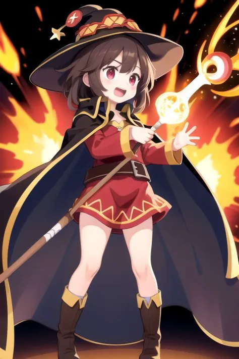 casting magic, magic, staff, holding staff, explosion, full body, hat, holding, open mouth, standing, boots, cape, megumin, megumindef,