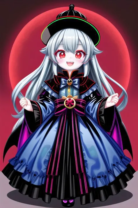 adult, evil corrupted princess wearing dark pastel (ruffled:1) (gleaming oily latex:1) gown with (full body latex vampire cape:1) and (transparent kimono sleeves:1), soft lighting, (lots of frills and bows:1), (cute vampire fangs:1),
(vmpr:1),
(red eyes, glowing eyes, pale blue skin, jiangshi, evil smile:1.2),
(red moon background),
<lora:more_details:1>,