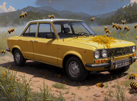 realistic photo of a lada, on (in the hell:1.2), (bees:1.2),  by Jeremy Lipking, by William Bouguereau, (by Alphonse Mucha:0.5),...