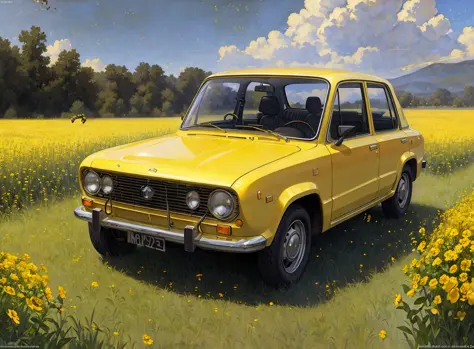 realistic photo of a lada, on (yellow field:1.2), (bees:1.2),  by Jeremy Lipking, by William Bouguereau, (by Alphonse Mucha:0.5)...