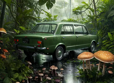 realistic photo of a lada, in (rain forest:1.4), (mushrooms:1.2),  by Jeremy Lipking, by William Bouguereau, (by Alphonse Mucha:...