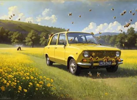 realistic photo of a lada, on (yellow field:1.2), (bees:1.2),  by Jeremy Lipking, by William Bouguereau, (by Alphonse Mucha:0.5),  sabudenego, jeremy lipking, masterpiece