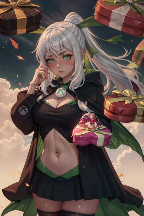 High Quality, Masterpiece, 1girl, IncrsGift, <lora:IncomingValentineGiftPOVOneHandV3:1>, incoming gift, shy, blush, xbox-chan, ponytail, green hair ribbon, clothing cutout, stomach cutout, cape, thighhighs, <lora:Char_Meme_Xboxchan:0.75>