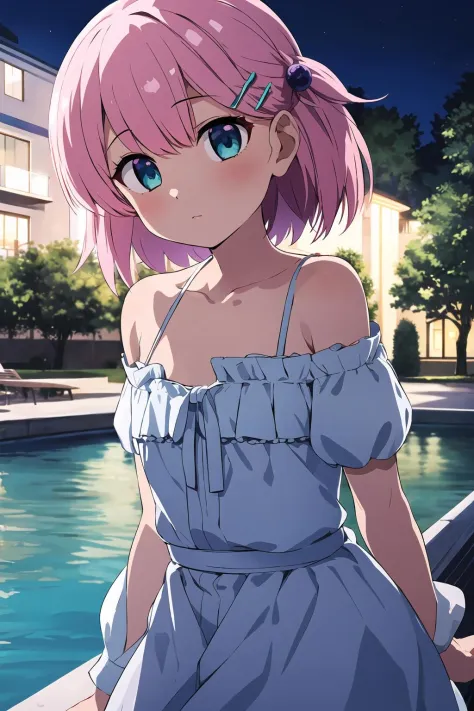 masterpiece, best quality, 1girl, flat chest, outdoors, pink hair, bangs, aqua eyes, night, hair ornament, hairclip,