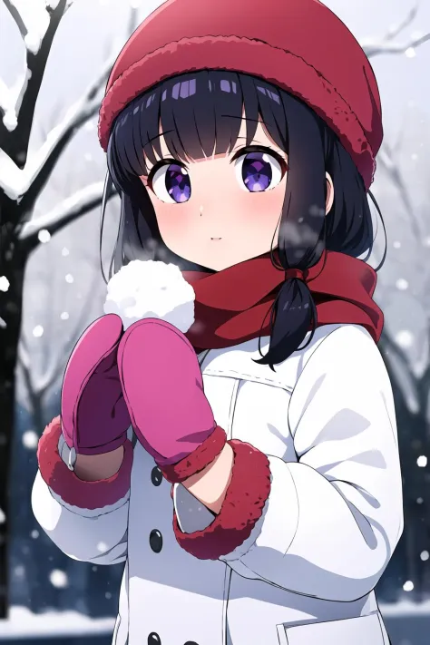 masterpiece, best quality, 1girl, flat chest, outdoors, red scarf, winter coat, winter clothes, white winter hat, snow, snowflak...