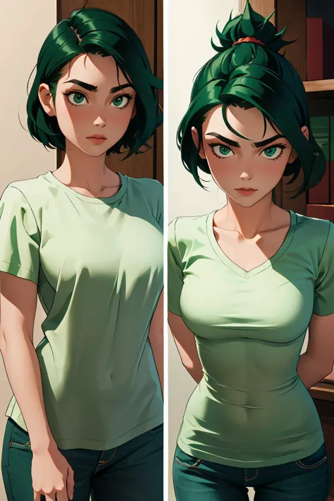 a close up of two pictures of a woman with green hair