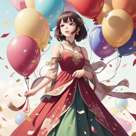 highly detailed, masterpiece, balloon aura, colorful confetti, beautiful woman, flowing dress