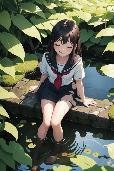 1girl, sitting, pond scenery, light beam, particles, (blurry background), dramatic lighting, wet, dappled sunlight, smile, eyes closed, from above, serafuku