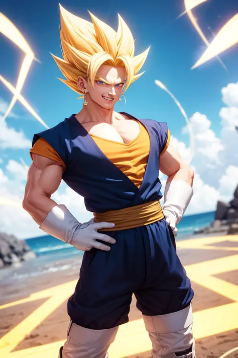 (masterpiece, best quality:1.2), <lora:db_vegetto-10:0.7>, <lora:lightningvfxCreateMore_v1:0.2>, solo, male focus, 1girl, vegetto, super saiyan, grin, looking at viewer, hands on hip, flying, floating, blonde hair, spiked hair, blue eyes, dougi, white boot...
