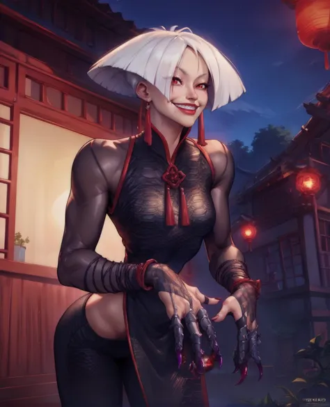 score_9,score_8_up,score_7_up,score_6_up,score_5_up,score_4_up,
akixl,white hair,red eyes,red lips,earrings,evil smile,
black chinese clothes,see-through long sleeves,pants,fingernail gloves, 
leaning forward,
outdoors,night,china town,<lora:AKI:0.9>,solo,