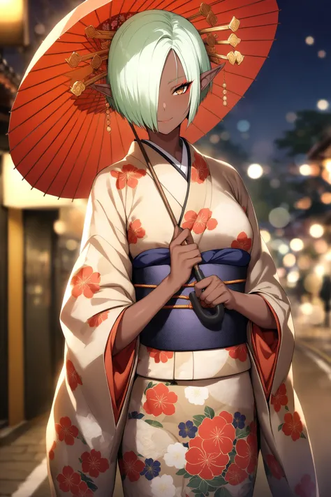 masterpiece, best quality, absurdres, very aesthetic, 1girl, solo, ViolaAuris, cowboy shot, looking at viewer, oiran, short hair, hair over one eye, japanese clothes, floral print, holding umbrella, umbrella over shoulder, hair stick, night, outdoors, street, blurry background, bokeh, depth of field, sky, light smile, eyeshadow, <lora:oiran_XL_V1.0:0.8>, <lora:v-s-e-n-anxl-000079:0.45>,