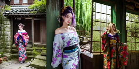 highly insanely detailed, masterpiece, top quality, best quality, highres, 4k, 8k, RAW photo, (very aesthetic, beautiful and aesthetic), 1girl, <lora:oiran_V1.0:0.7>, oiran, hair ornament, japanese clothes, floral print, off shoulder, geta, 
long-shot ruins, building, window frame, cracked window, wall corner, upturned, abandoned, metal, industrial, fence, moody, cracked mud, urban, canalside, 
upper body, 
__lazy-wildcards/char/haircolor__, 
__lazy-wildcards/dataset/background__, 
__lazy-wildcards/prompts/pose__, 
âââ