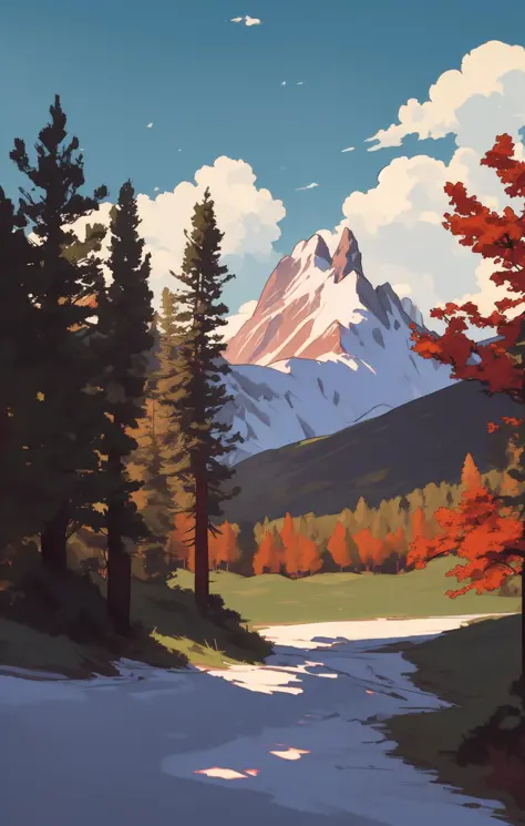 pintura de sargent e rhads e leyendecker e greg hildebrandt céu noturno, trilha de nuvens de trovão baixo com árvores no verão indiano com zugspitze fitz roy no fundo, cores verdes, vermelho, azul preto e branco, aquarela