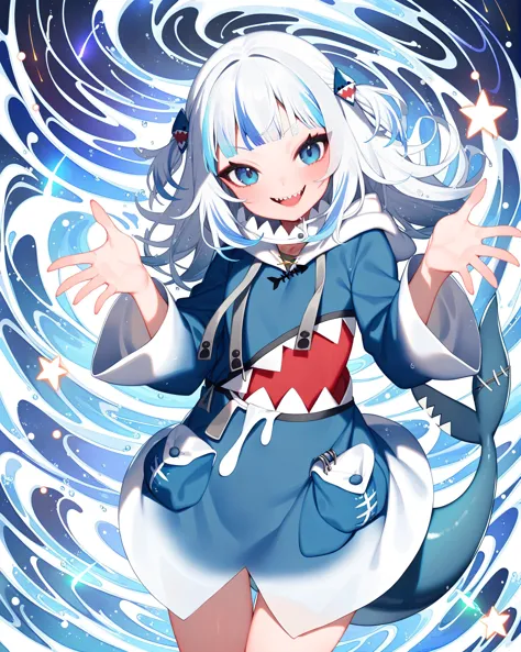 anime girl with blue eyes and white hair in a blue dress