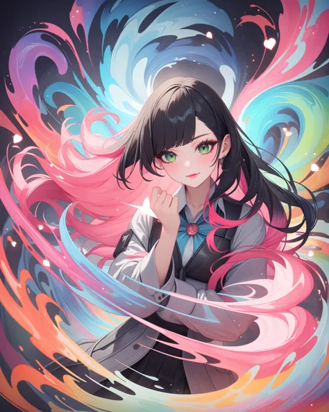 anime girl with long hair and colorful swirls in her hair