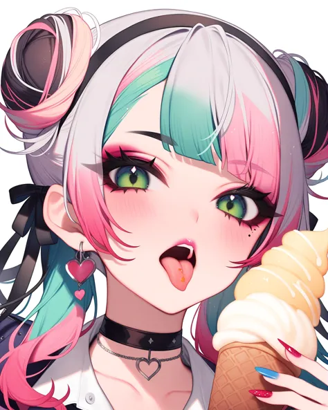 anime girl with pink hair and green eyes holding an ice cream cone