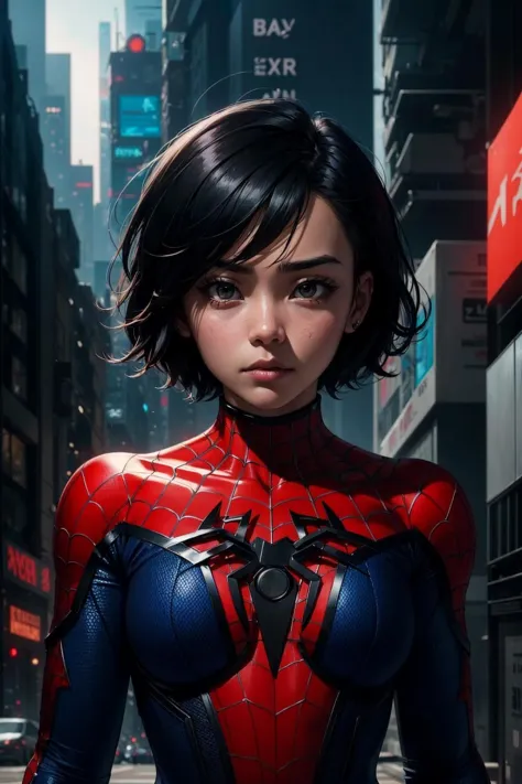 1girl, asian girl, peni parker, sad face, black spider man, Spiderman 2099, biomechanical arms, complex robot, cyberpunk aesthet...