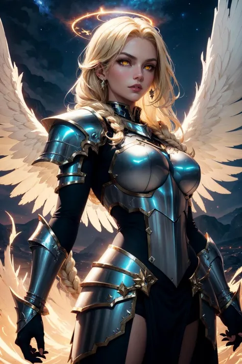 1girl, beautiful aasimar, 30 Years, medium breast, paladin platearmor, arrogant glowing yellow eyes, dominant face, blonde long hair, braided, 6 huge transparent glowing celestial wings, (6 huge glowing celestial wings), fantasy town outdoors, athletic, halo, muscular, volumetric lighting, best quality, masterpiece