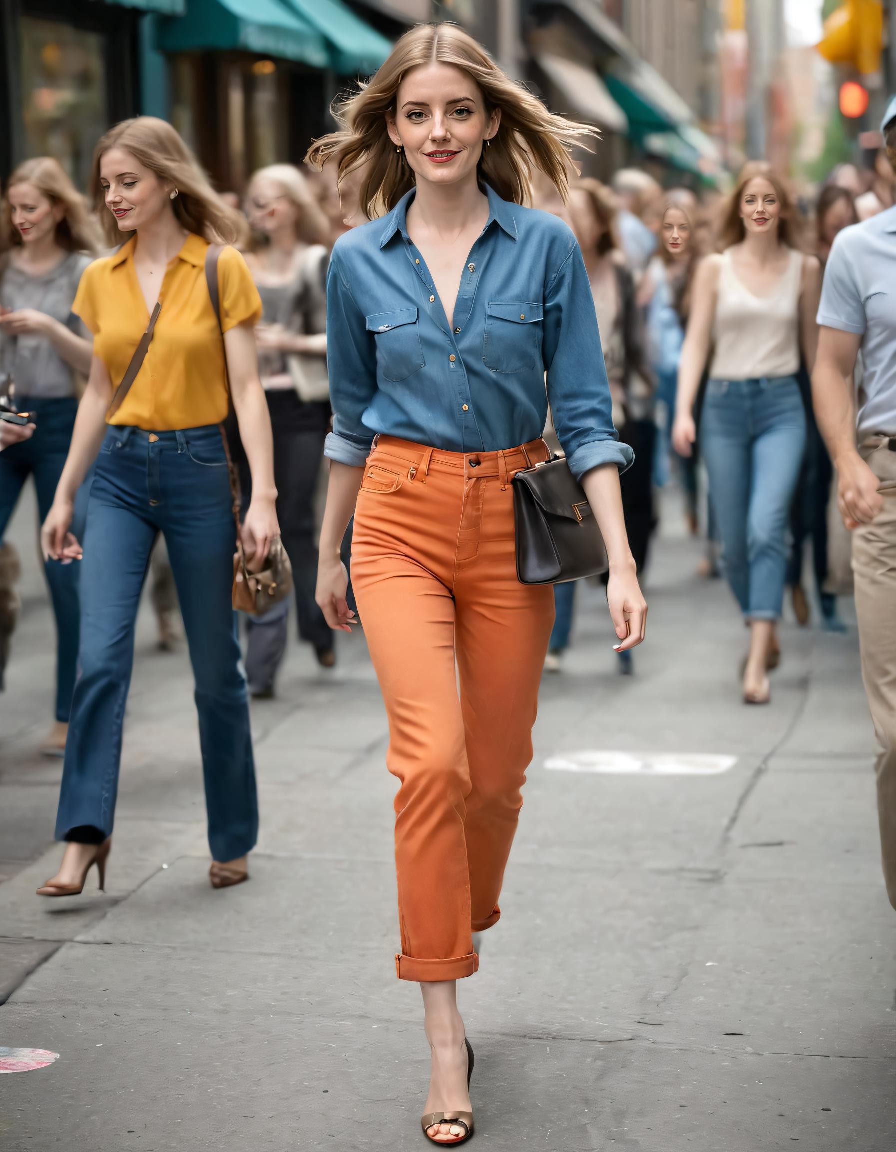 Arafed woman walking down a city street in a blue shirt and orange pants -  SeaArt AI