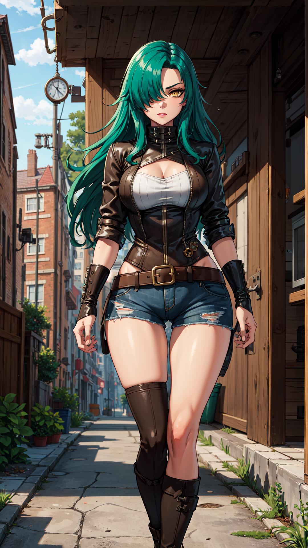 A woman with green hair and black boots walking down a street - SeaArt AI