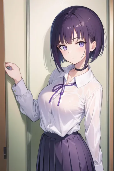 miyabisenpai, <lyco:miyabisenpai-lyco-nochekaiser:1>,
miyabi senpai, short hair, bangs, purple hair, (purple eyes:1.1),
BREAK skirt, shirt, long sleeves, ribbon, school uniform, pleated skirt, choker, collared shirt, neck ribbon, black choker,
BREAK indoors, classroom,
BREAK looking at viewer, (cowboy shot:1.5),
BREAK <lyco:GoodHands-beta2:1>, (masterpiece:1.2), best quality, high resolution, unity 8k wallpaper, (illustration:0.8), (beautiful detailed eyes:1.6), extremely detailed face, perfect lighting, extremely detailed CG, (perfect hands, perfect anatomy),