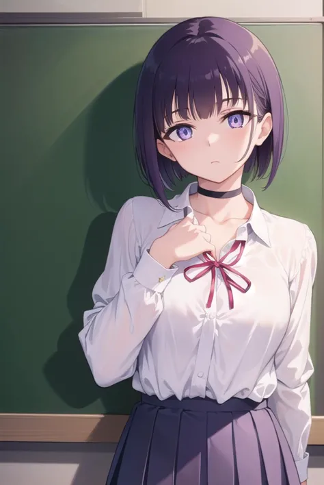 miyabisenpai, <lyco:miyabisenpai-lyco-nochekaiser:1>,
miyabi senpai, short hair, bangs, purple hair, (purple eyes:1.1),
BREAK skirt, shirt, long sleeves, ribbon, school uniform, pleated skirt, choker, collared shirt, neck ribbon, black choker,
BREAK indoors, classroom,
BREAK looking at viewer, (cowboy shot:1.5),
BREAK <lyco:GoodHands-beta2:1>, (masterpiece:1.2), best quality, high resolution, unity 8k wallpaper, (illustration:0.8), (beautiful detailed eyes:1.6), extremely detailed face, perfect lighting, extremely detailed CG, (perfect hands, perfect anatomy),