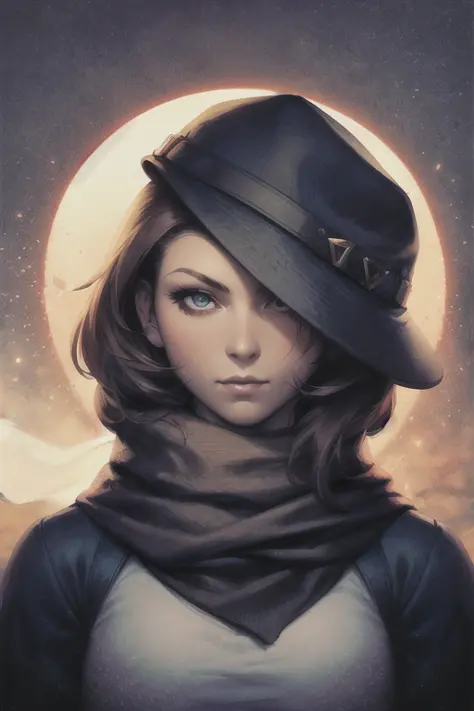 artgerm, 1girl, masterpiece, detailed, shirt, looking at viewer, hat, portrait, long scarf, solo,  night, <lora:artgerm_v1:0.6>