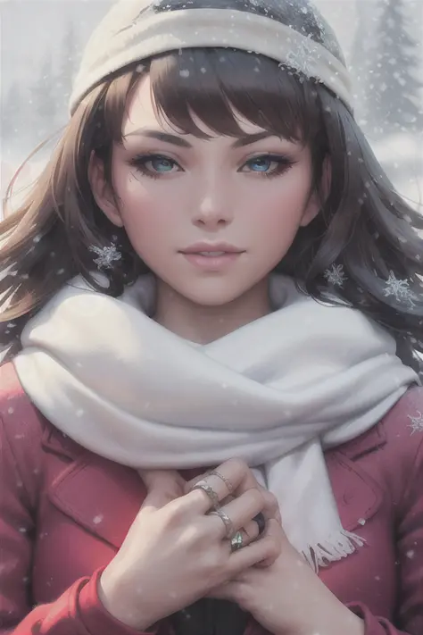 artgerm, 1girl, masterpiece, detailed, jacket, jewelry, looking at viewer, multiple rings, portrait, ring, scarf, snowing, solo,...