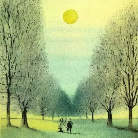 bleak childrens book illustration of scene ( What thoughts I have of you tonight, Walt Whitman, for I walked down the sidestreets under the trees with a headache self-conscious looking at the full moon. ), kidbooks style, analog style