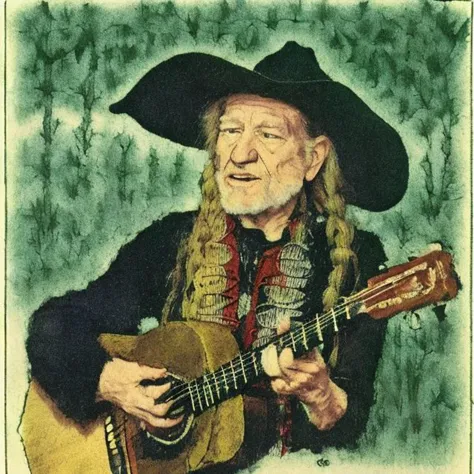 Willie Nelson singing to animals in the forest, kidbooks style , analog style