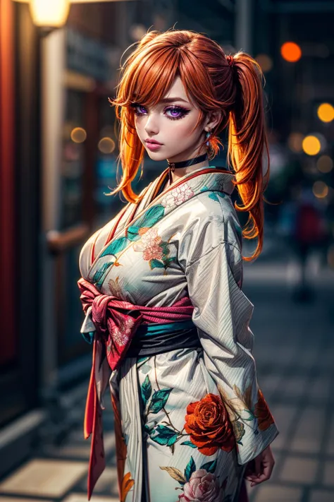 a woman with red hair and a kimono is posing for a picture