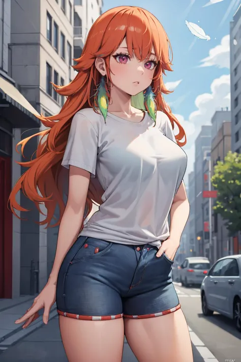 masterpiece, best quality, absurdres, 1girl, solo, TakanashiKiara, long hair, feather earrings, t-shirt, denim shorts, standing, outdoors, city, hands in pockets, <lora:TakanashiKiara:1>